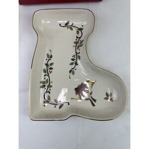 MIKASA Holiday Bloom Fine Porcelain Candy Nut Dish‎ Christmas Stocking Gold Rim